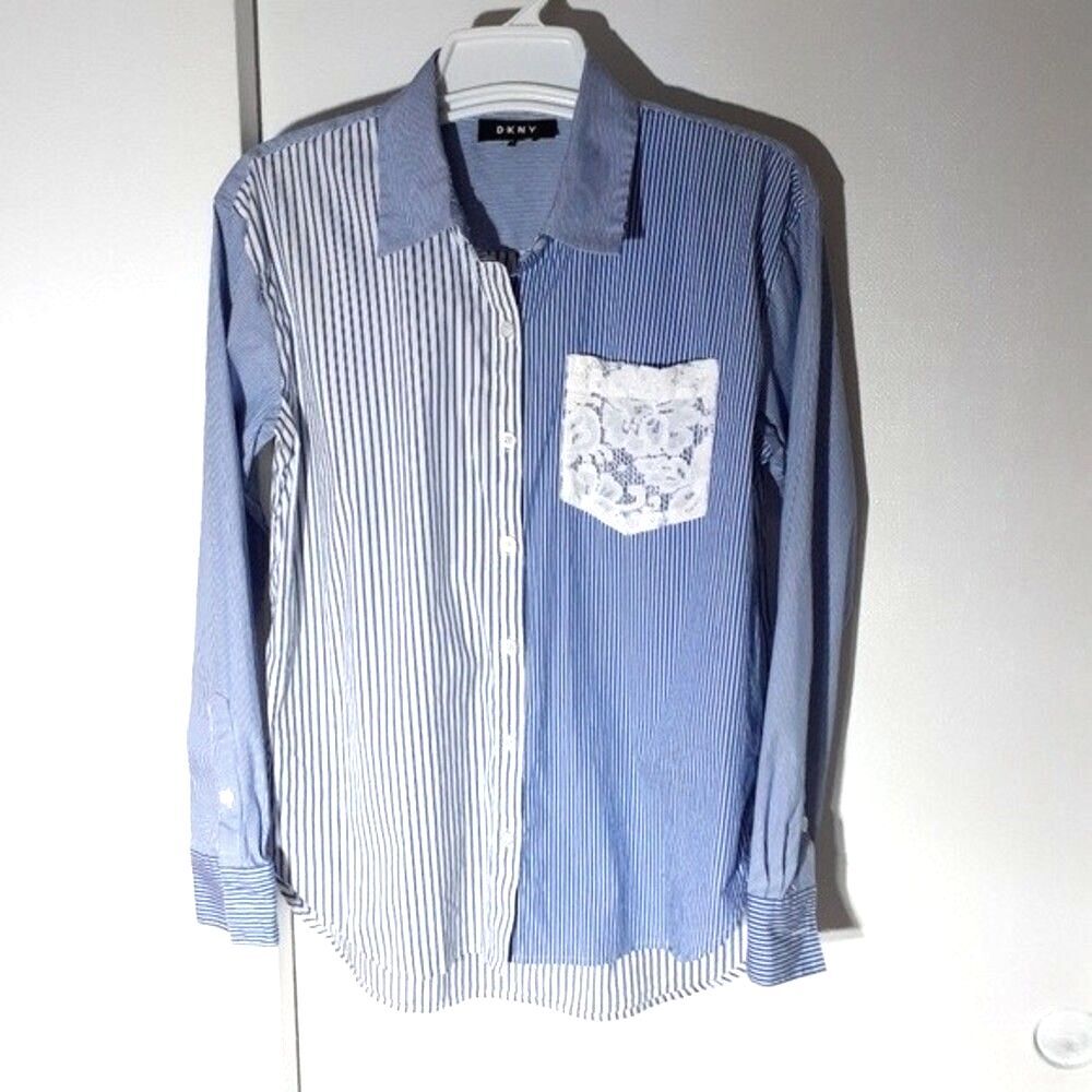 DKNY Blue and White Striped Button Down Shirt